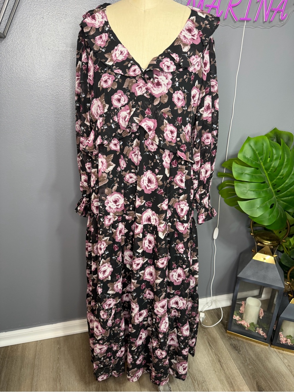 Black Maxi Dress with Pink Floral Print